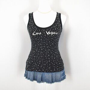 Late 00s Y2K Chelona Black Rib Knit "Las Vegas" Rhinestone Tank Top Size Large